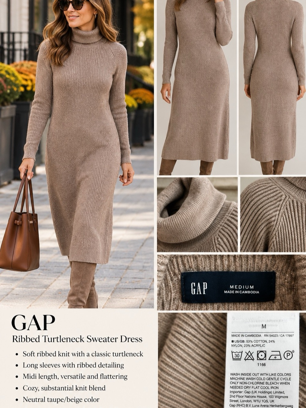 Gap Ribbed Turtleneck Sweater Dress Ribbed Midi Sweater Dress in Heathered Taupe